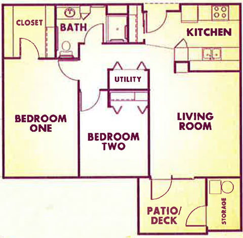 Floor plan for 2 beds, 1 bath, 945 sqft